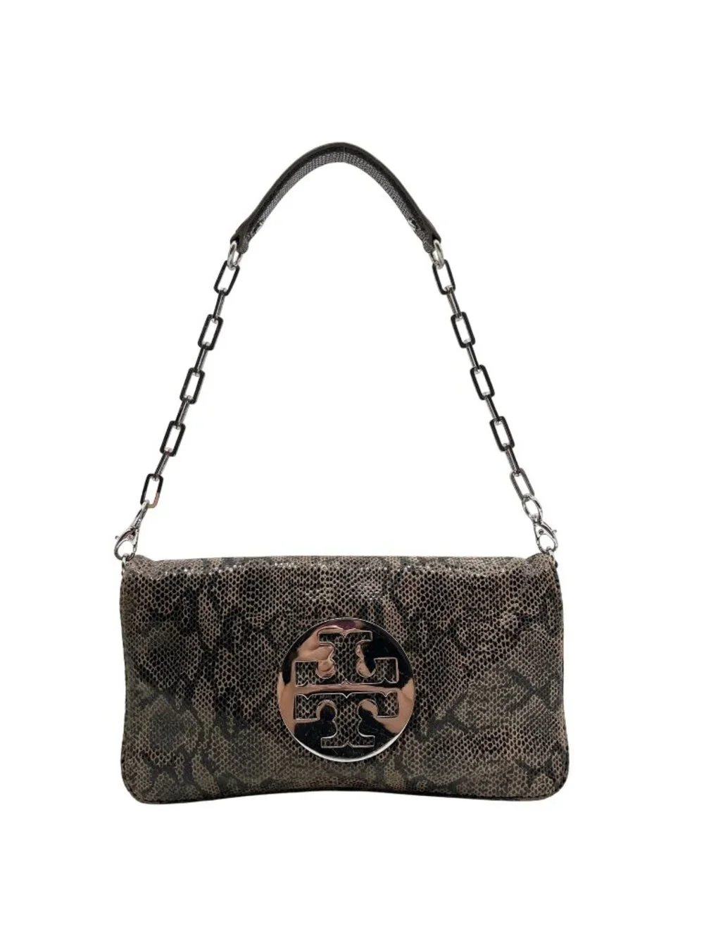 Tory Burch Gray & Black Snake Embossed Leather Reva Clutch